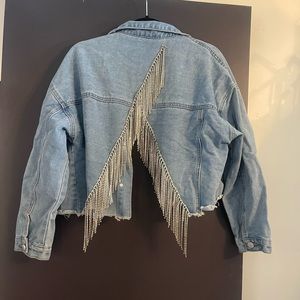 Cropped rhinestone fringe denim jacket
